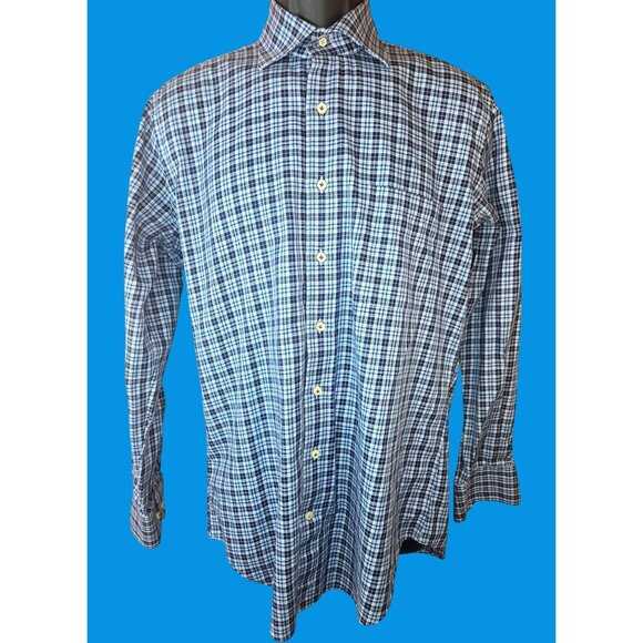 Peter Millar Mens Blue Plaid Shirt Medium Cotton Long Sleeve - Picture 2 of 7